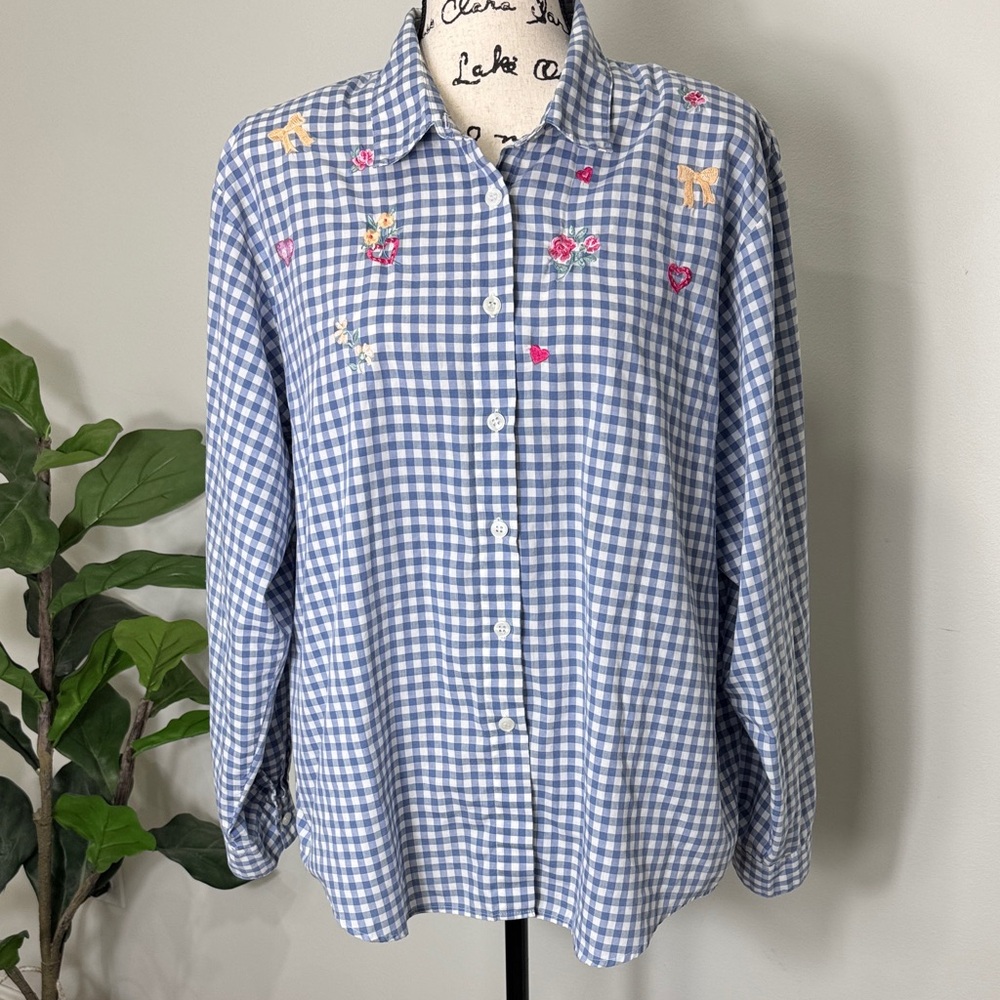 NAPA VALLEY Blue VTG Gingham Button Up Shirt with Embroidery Coquette IndieSZ XL